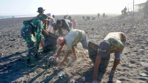 Yonarmed 12 Kostrad Bersama Warga Sisir Pantai Bambang Lumajang Dari Sampah