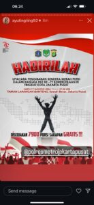 Hadirilah !!! Upacara Pengibaran Bendera Merah Putih Dalam HUT Ke-79 Kemerdekaan RI Tingkat Kota Jakarta Pusat di Lapangan Banteng, Sawah Besar Jakarta Pusat.  Hari Sabtu tanggal 17 Agustus 2024 pukul 07.00 Wib
