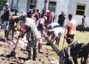 Perkokoh Kemanunggalan, Babinsa Koramil Kokonao Bersama Warga Binaan Gotong Royong Cor Jalan Gereja