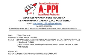 Dua Kali Bersurat Minta Data Hibah Kambing & Belanja Pakan ke Dinas Pertanian Tak Ditanggapi, APPI Metro Ajukan Keberatan dan Gugatan ke KID Lampung
